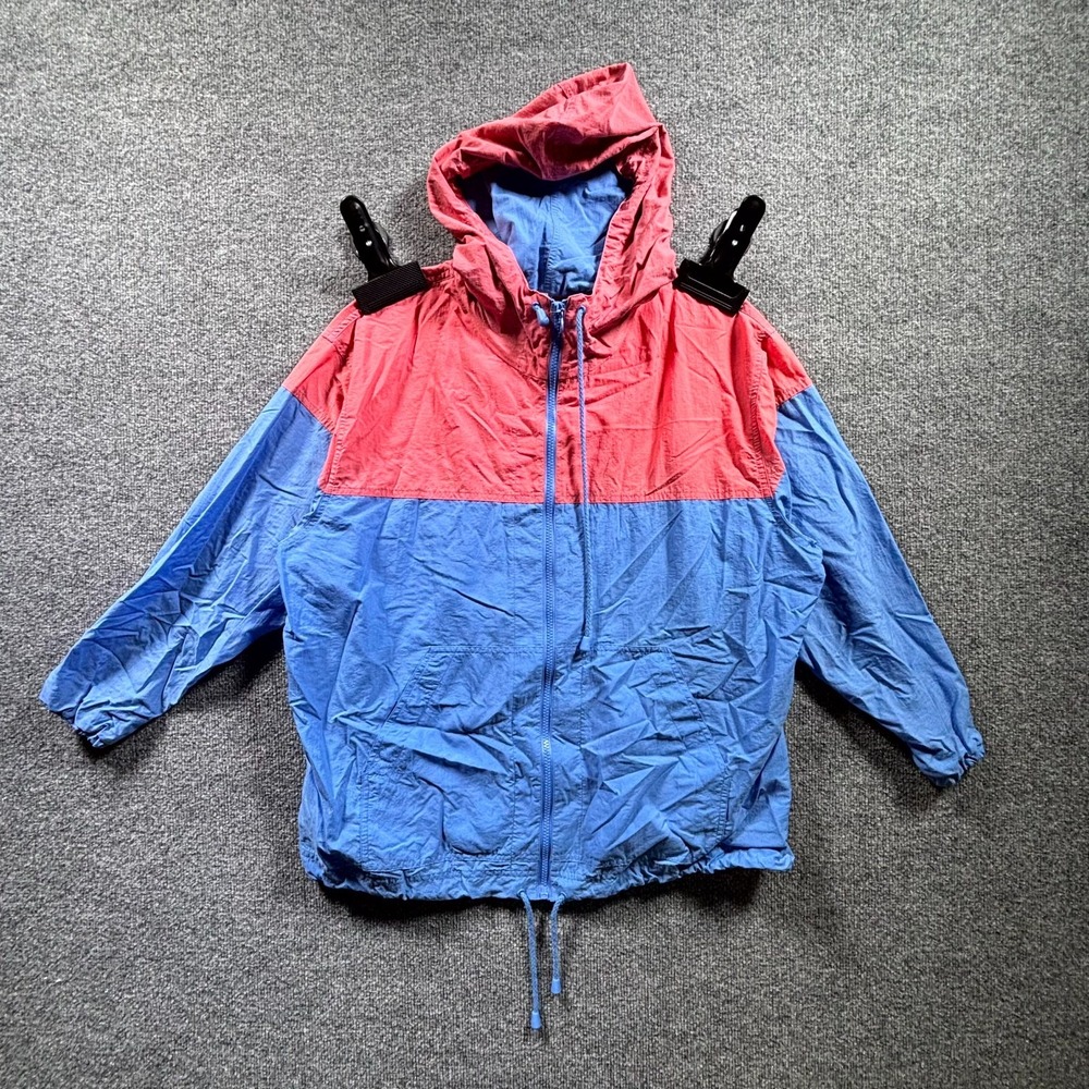 VTG Jantzen Windbreaker Jacket Women's L Petite Blue Pink Full Zip Outdoor Retro